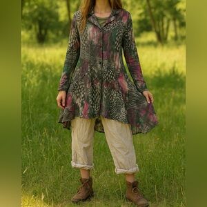 Giselle Shepatin Mixed Media Art to Wear Lace Mixed Print Gauze Tunic Dress S